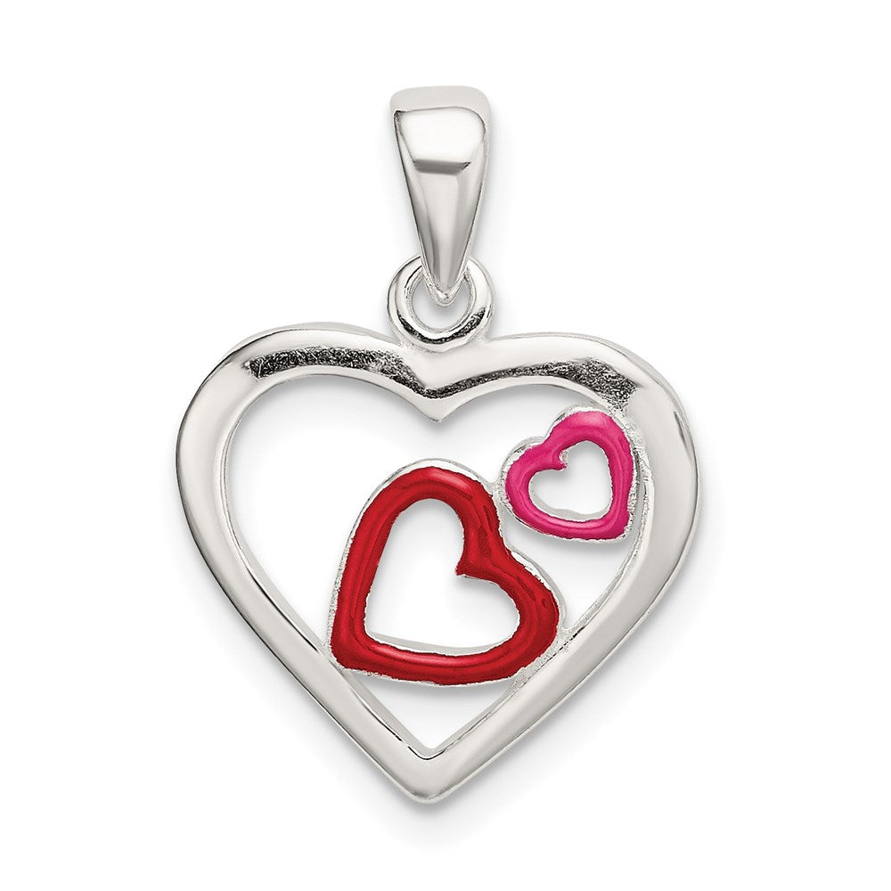 Sterling Silver Polished Red and Pink Enameled Hearts Pendant QC9192