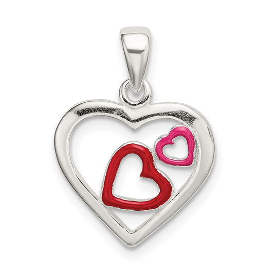 Sterling Silver Polished Red and Pink Enameled Hearts Pendant QC9192