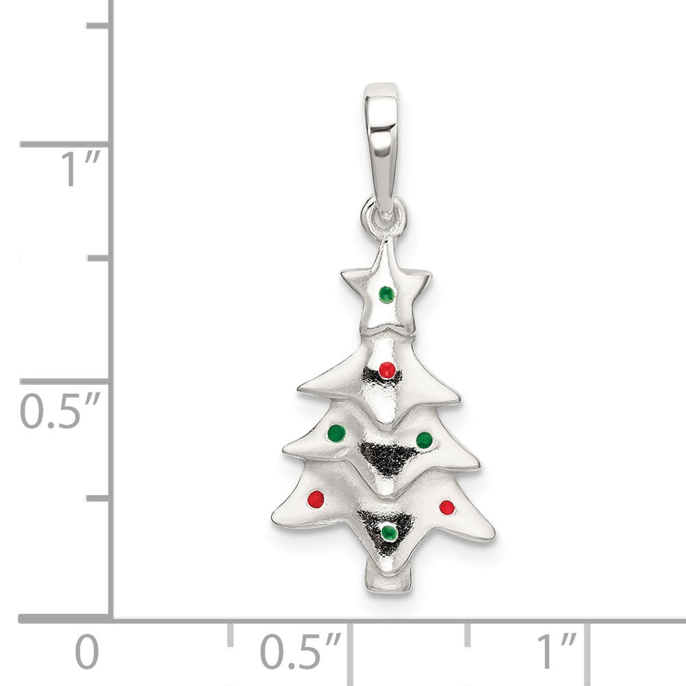 Sterling Silver Polished Enameled Christmas Tree Pendant QC9238