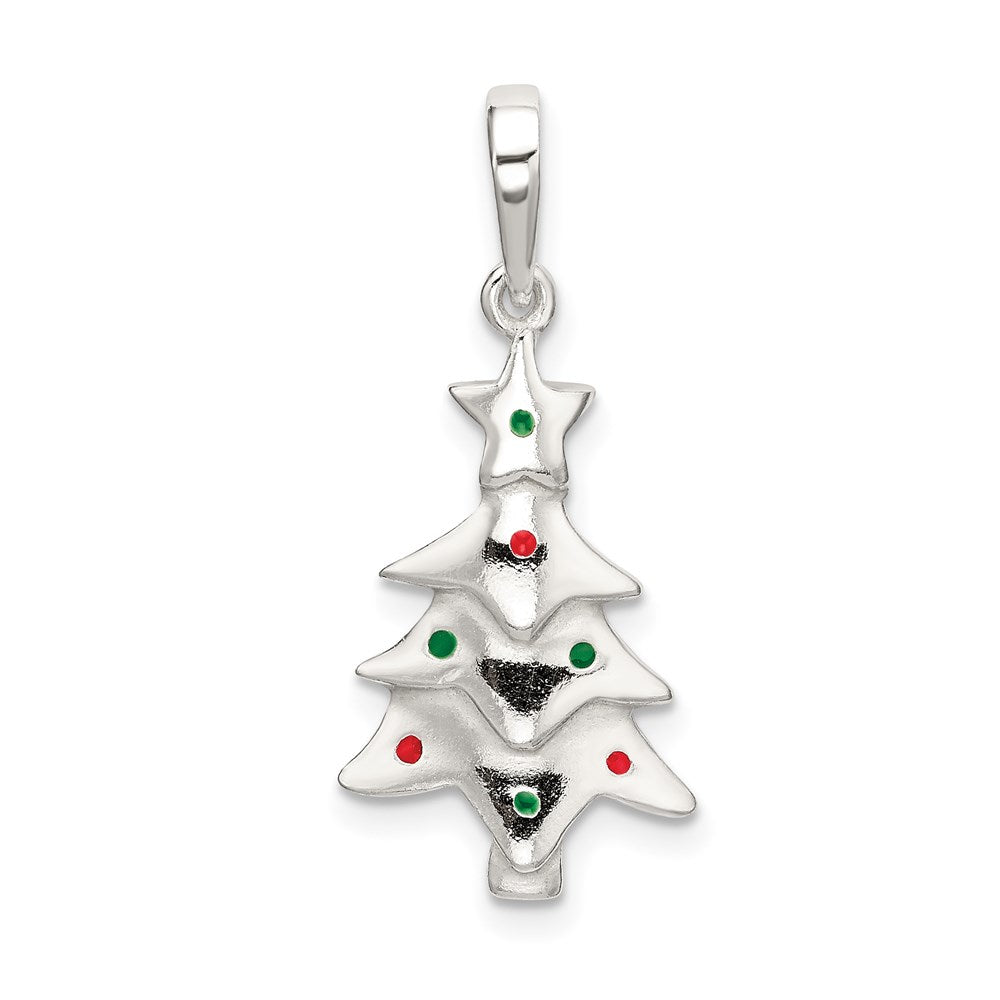 Sterling Silver Polished Enameled Christmas Tree Pendant QC9238