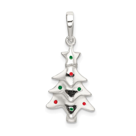 Sterling Silver Polished Enameled Christmas Tree Pendant QC9238