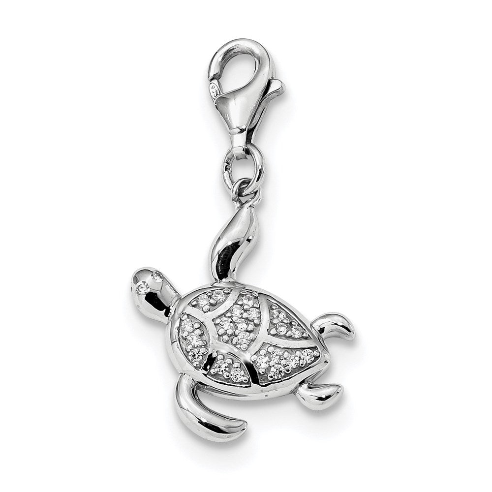 Sterling Silver Rhodium-plated CZ Sea Turtle with Lobster Clasp Charm QC9281