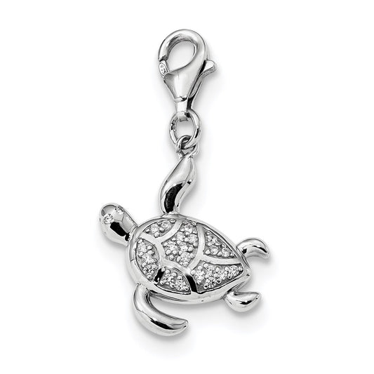 Sterling Silver Rhodium-plated CZ Sea Turtle with Lobster Clasp Charm QC9281