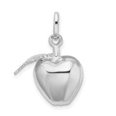 Sterling Silver Rhodium Plated Polished Puffed Apple w/ Leaf Charm QC9285
