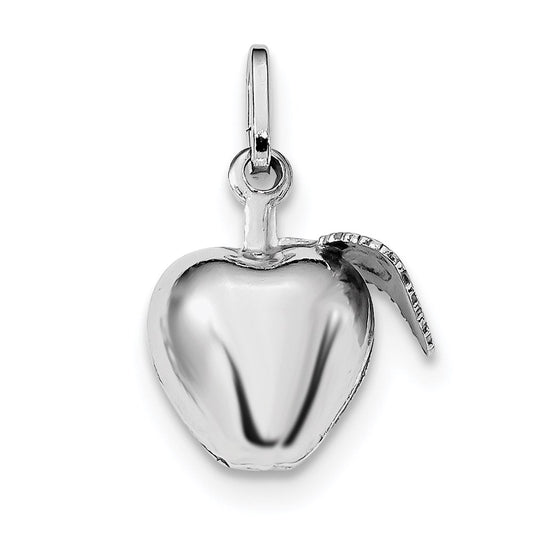 Sterling Silver Rhodium Plated Polished Puffed Apple w/ Leaf Charm QC9285