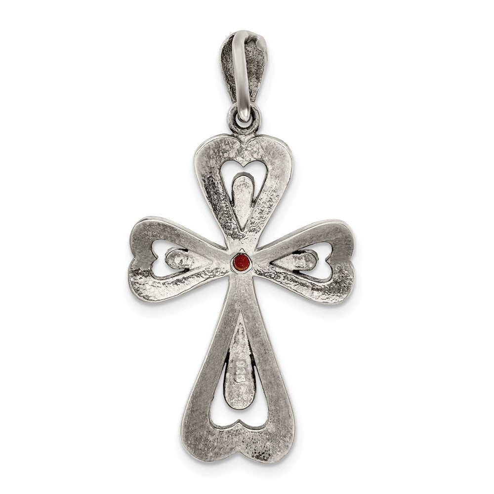 Sterling Silver Antiqued Marcasite and Garnet Cross Pendant QC9363