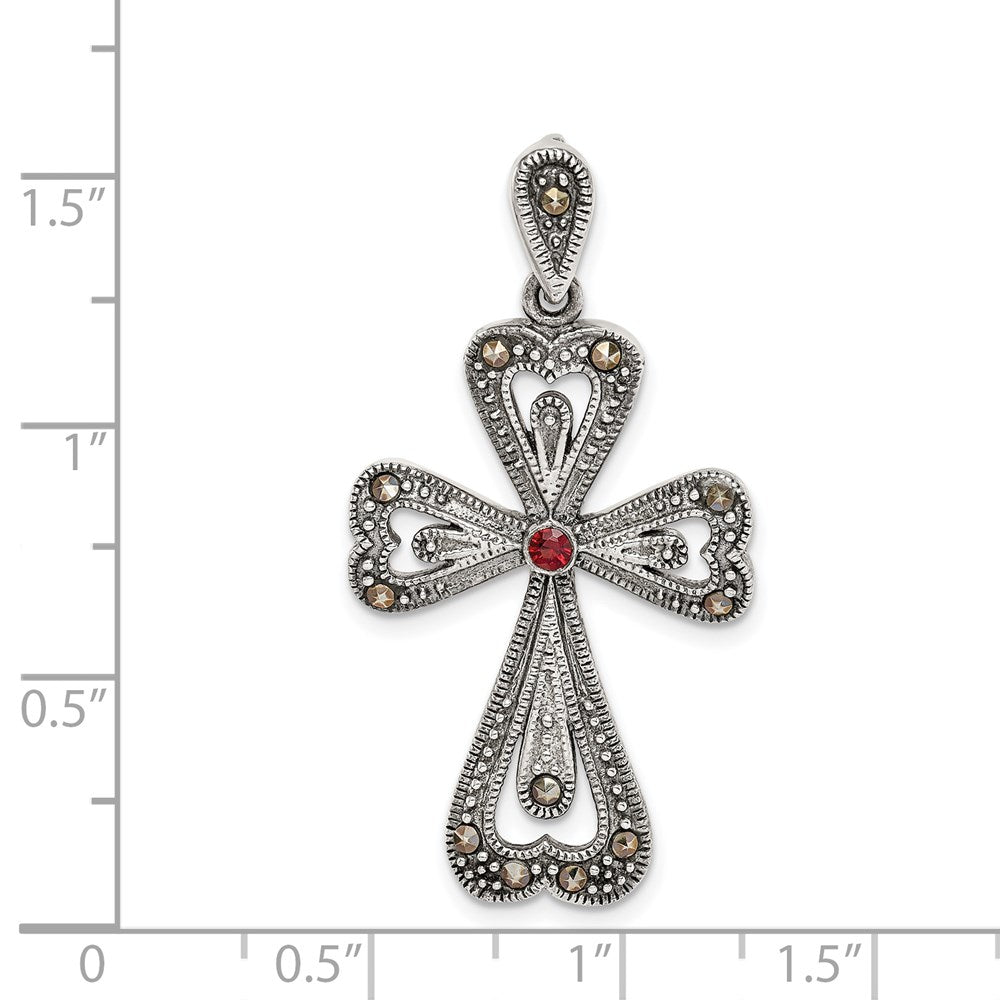 Sterling Silver Antiqued Marcasite and Garnet Cross Pendant QC9363
