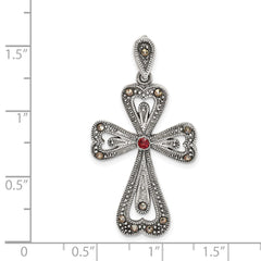 Sterling Silver Antiqued Marcasite and Garnet Cross Pendant QC9363