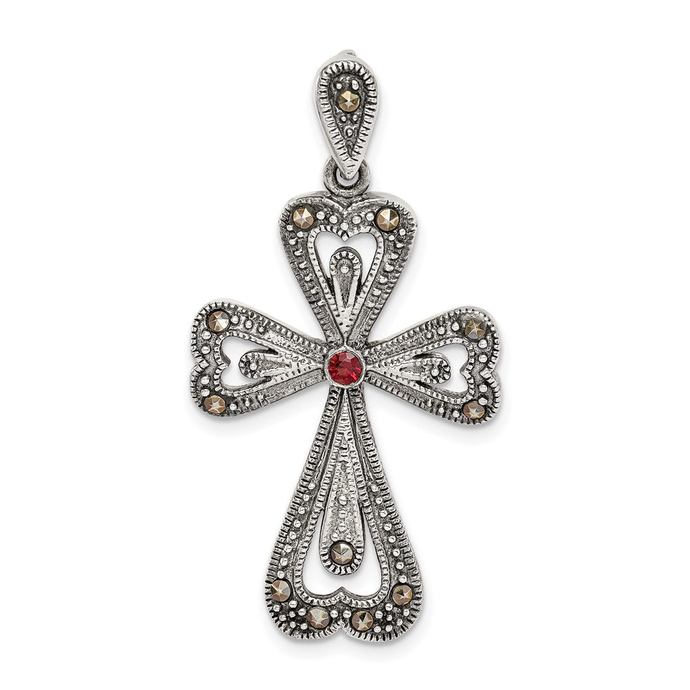 Sterling Silver Antiqued Marcasite and Garnet Cross Pendant QC9363