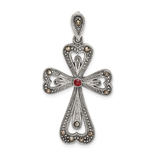 Sterling Silver Antiqued Marcasite and Garnet Cross Pendant QC9363