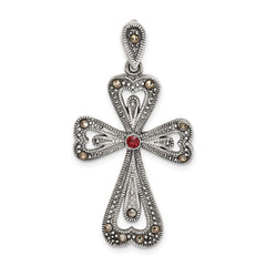 Sterling Silver Antiqued Marcasite and Garnet Cross Pendant QC9363