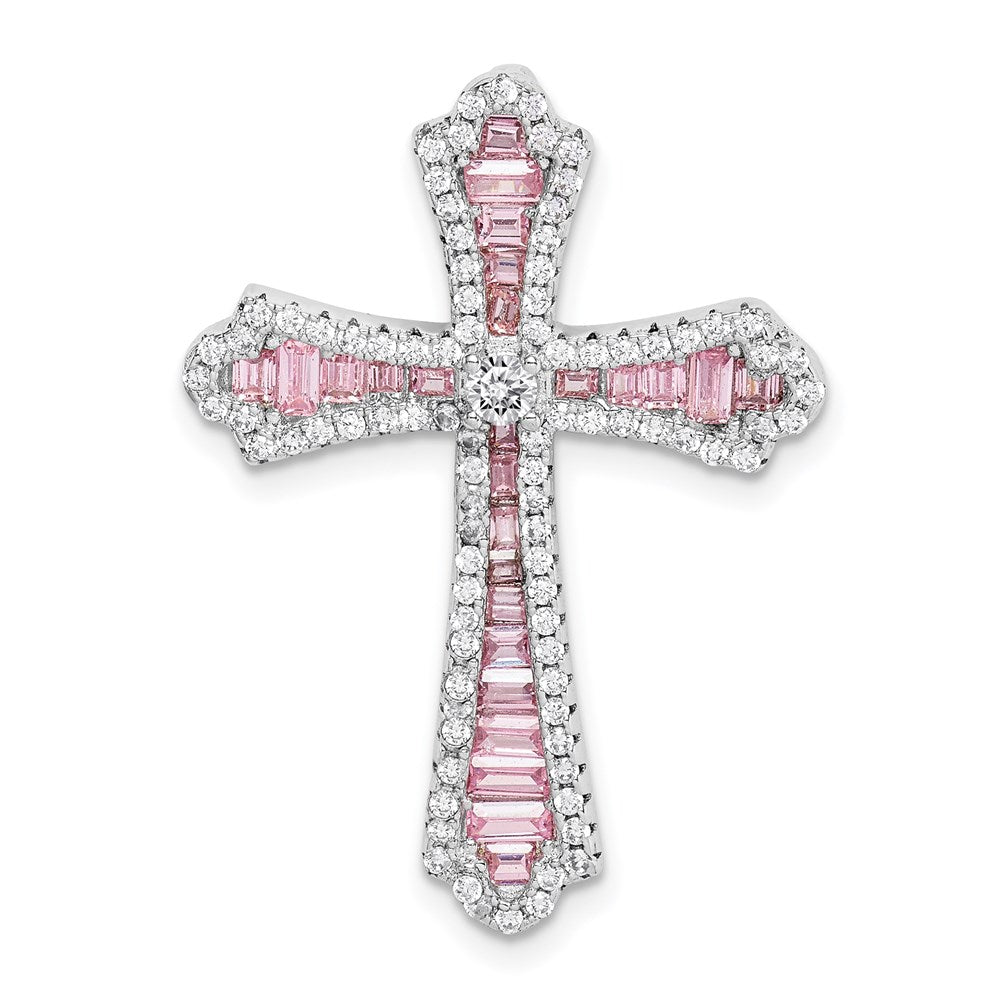Sterling Silver Rhodium Plated Pink and White CZ Cross Pendant Slide QC9384