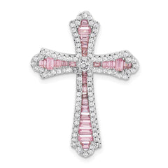 Sterling Silver Rhodium Plated Pink and White CZ Cross Pendant Slide QC9384