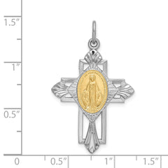 Sterling Silver Rhodium-plated Gold Tone Miraculous Medal Cross Pendant QC9414