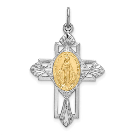 Sterling Silver Rhodium-plated Gold Tone Miraculous Medal Cross Pendant QC9414