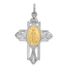 Sterling Silver Rhodium-plated Gold Tone Miraculous Medal Cross Pendant QC9414