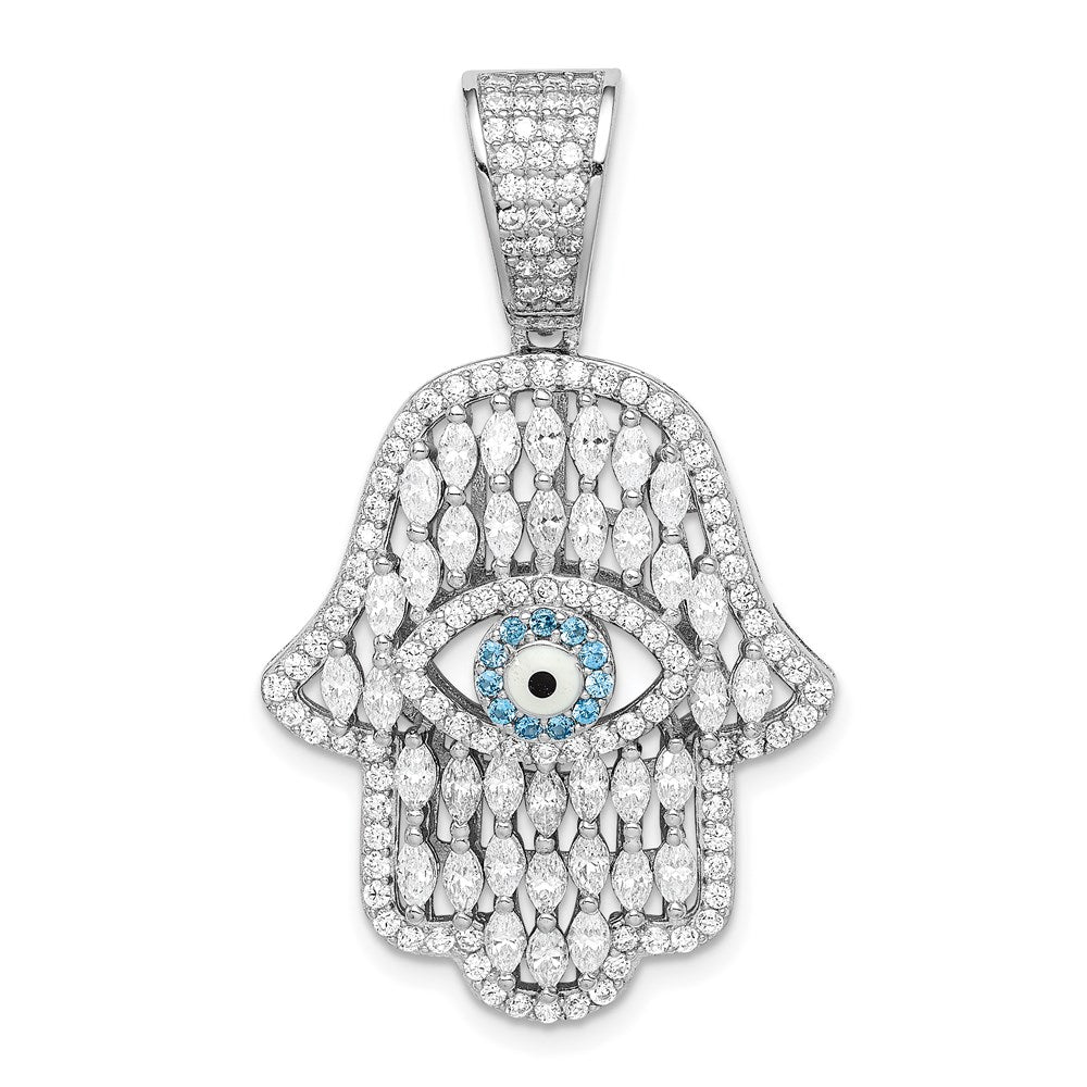 Sterling Silver Rhodium-plated White & Blue CZ Hamsa Eye Pendant QC9448