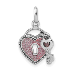 Sterling Silver Rhodium-plated CZ Glitter Infused Heart and Key Pendant QC9485