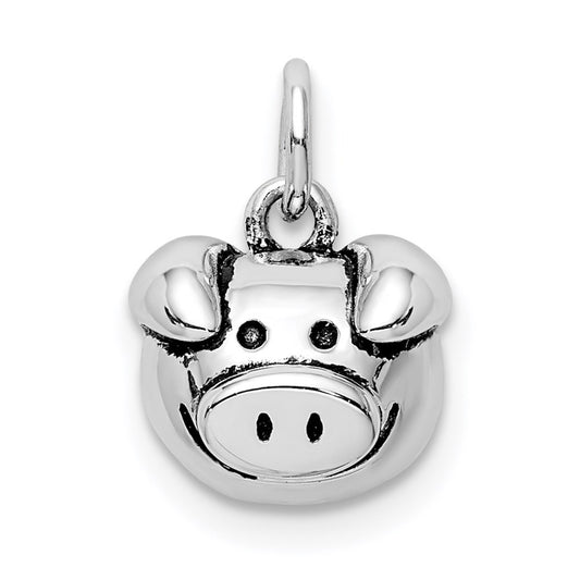 Sterling Silver Rhodium-plated Antiqued Pig Head Pendant QC9523