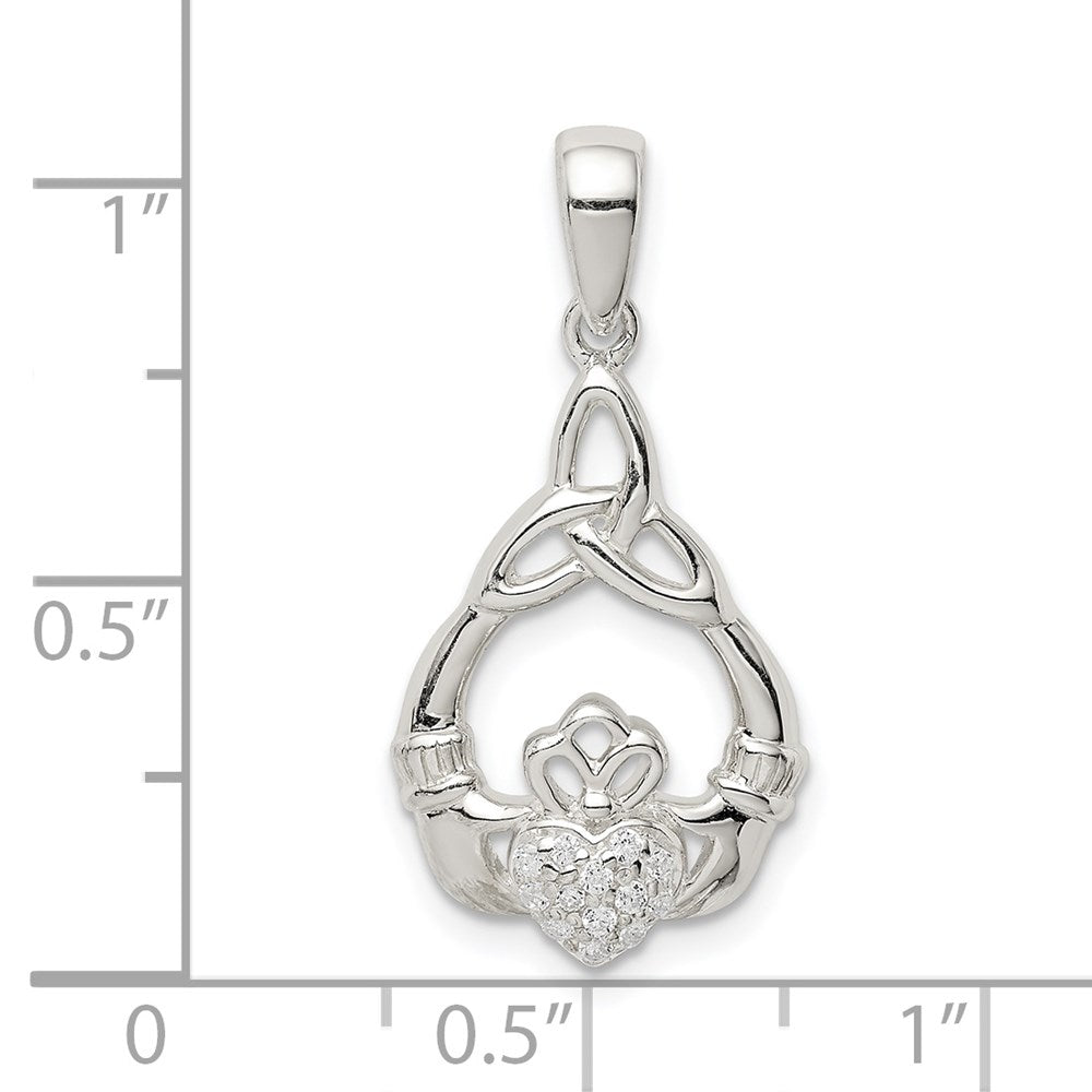 Sterling Silver Polished CZ Claddagh w/Trinity Knot Pendant QC9563