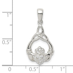 Sterling Silver Polished CZ Claddagh w/Trinity Knot Pendant QC9563