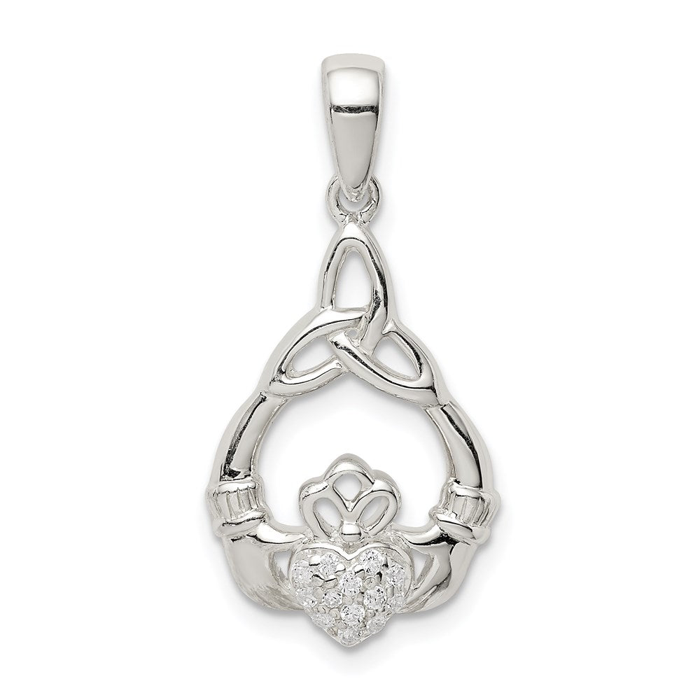 Sterling Silver Polished CZ Claddagh w/Trinity Knot Pendant QC9563