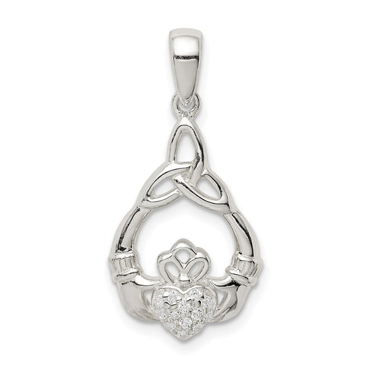 Sterling Silver Polished CZ Claddagh w/Trinity Knot Pendant QC9563