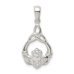 Sterling Silver Polished CZ Claddagh w/Trinity Knot Pendant QC9563