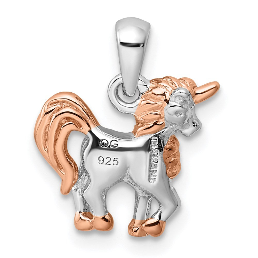 Sterling Silver Rhodium-plated Rose Gold-plated 3D Unicorn Pendant QC9645