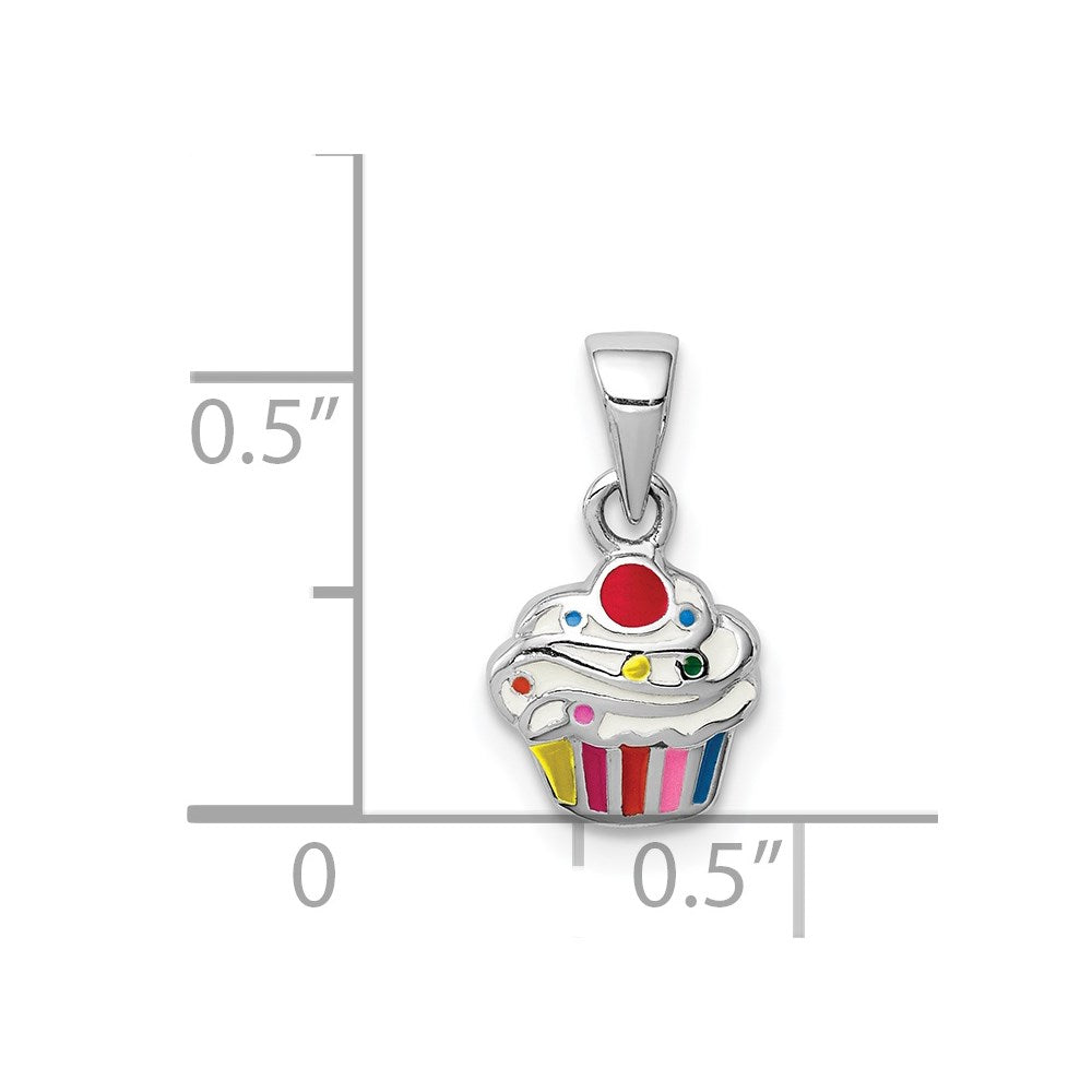 Sterling Silver RH-plated Multi-color Enameled Cupcake Children's Pendant QC9649