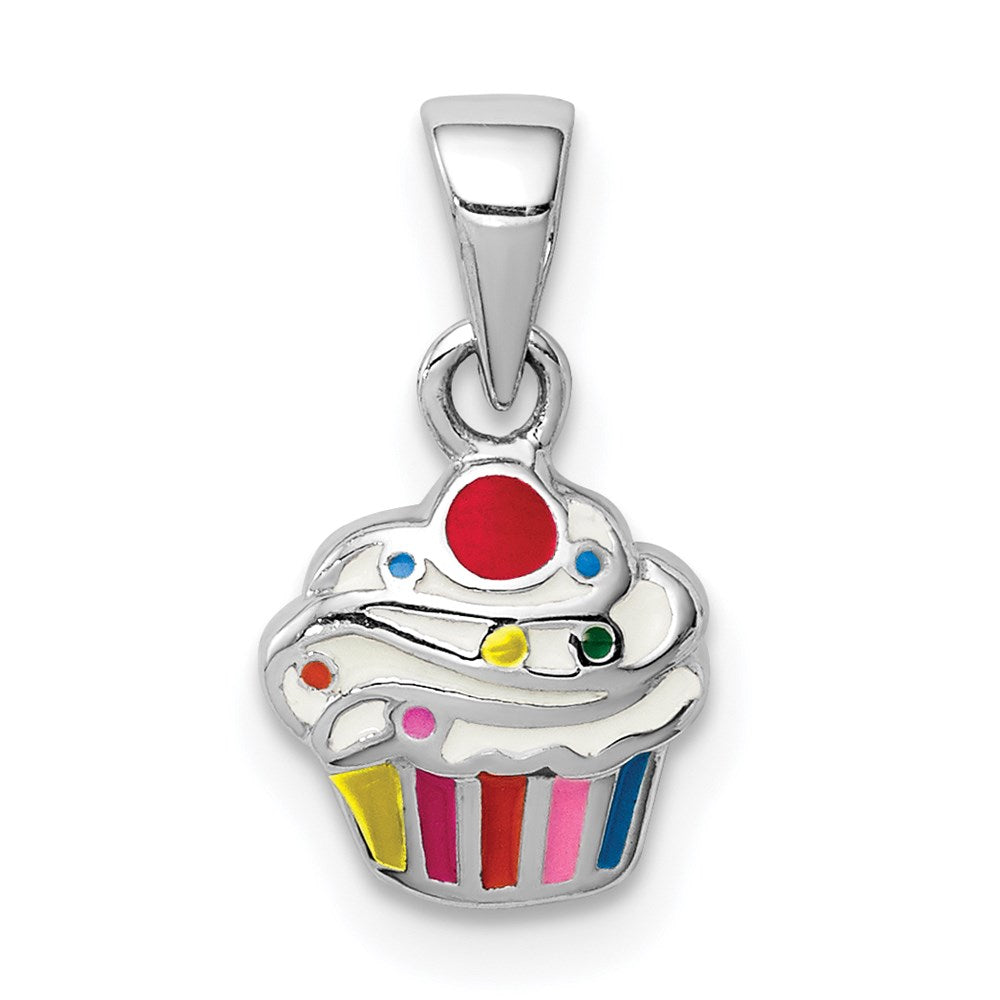 Sterling Silver RH-plated Multi-color Enameled Cupcake Children's Pendant QC9649