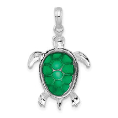 De-Ani Sterling Silver Rhodium-Plated Polished Enameled Green Sea Turtle Pendant QC9780