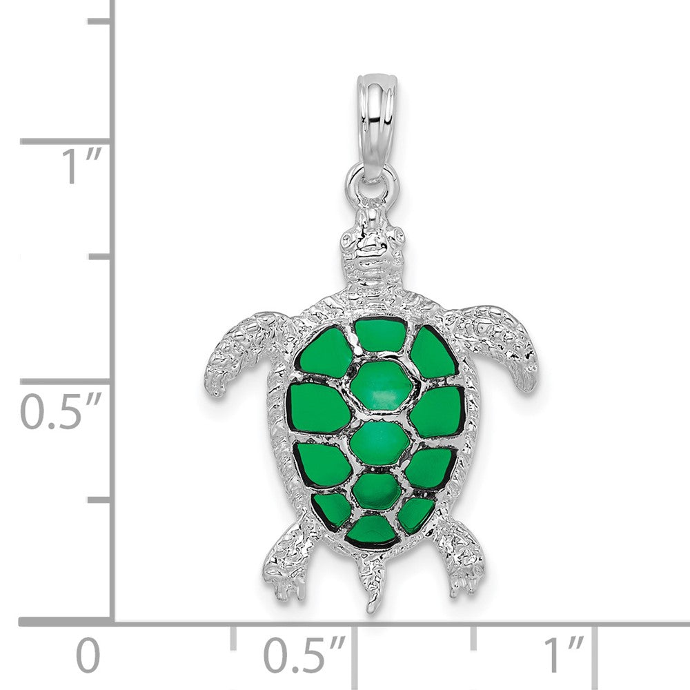 De-Ani Sterling Silver Rhodium-Plated Polished Enameled Green Sea Turtle Pendant QC9780
