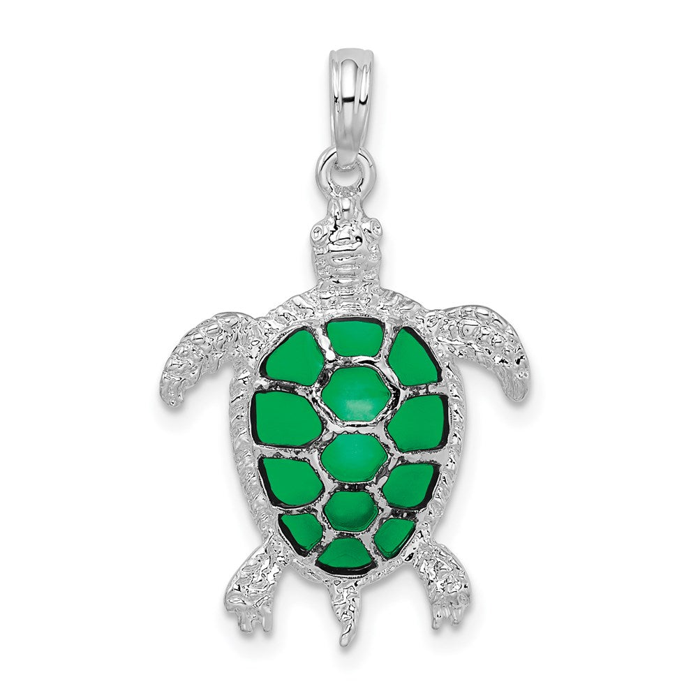 De-Ani Sterling Silver Rhodium-Plated Polished Enameled Green Sea Turtle Pendant QC9780