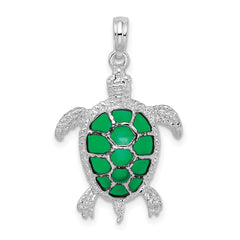 De-Ani Sterling Silver Rhodium-Plated Polished Enameled Green Sea Turtle Pendant QC9780
