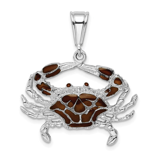 De-Ani Sterling Silver Rhodium-Plated Polished Enameled Brown Crab Pendant QC9783