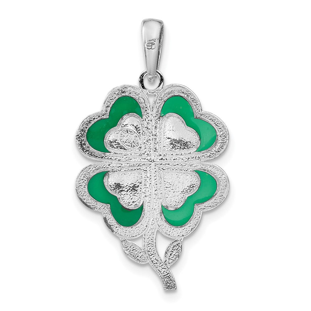 De-Ani Sterling Silver Rhodium-Plated Polished Enameled 4-Leaf Clover Pendant QC9786
