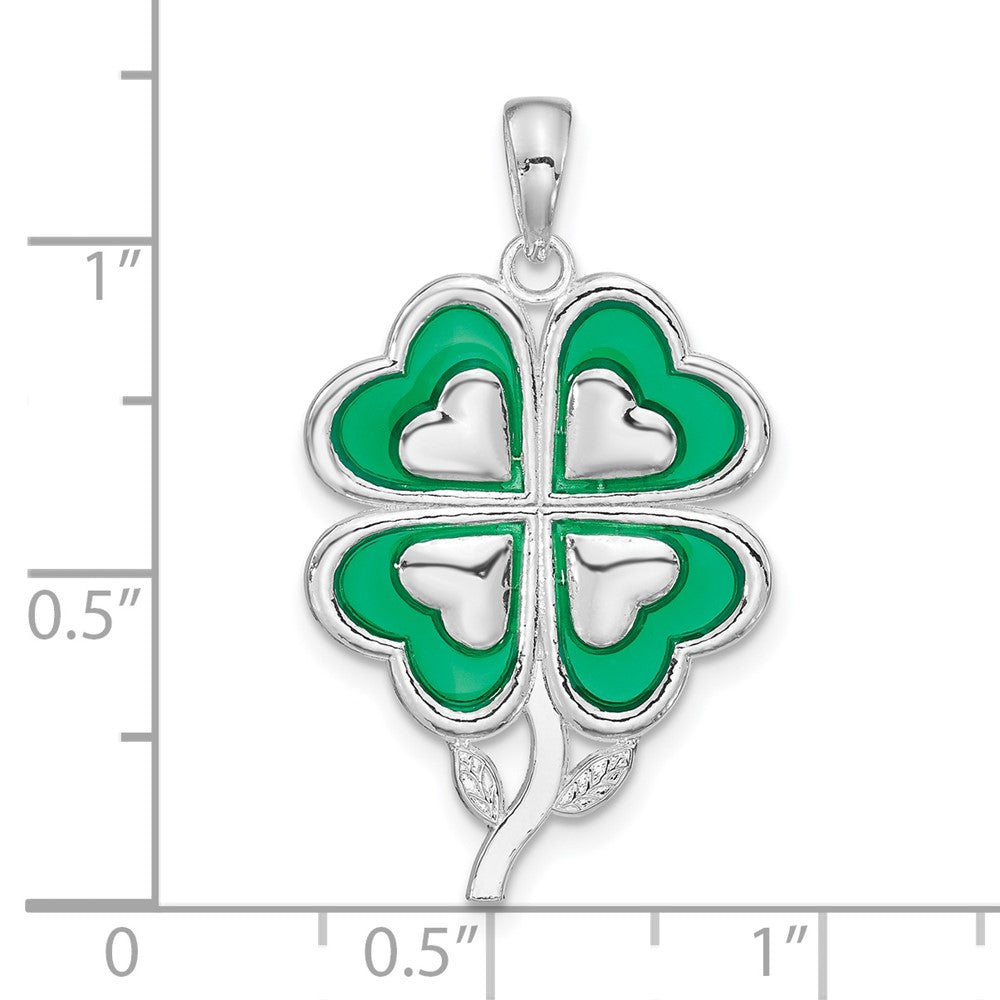 De-Ani Sterling Silver Rhodium-Plated Polished Enameled 4-Leaf Clover Pendant QC9786