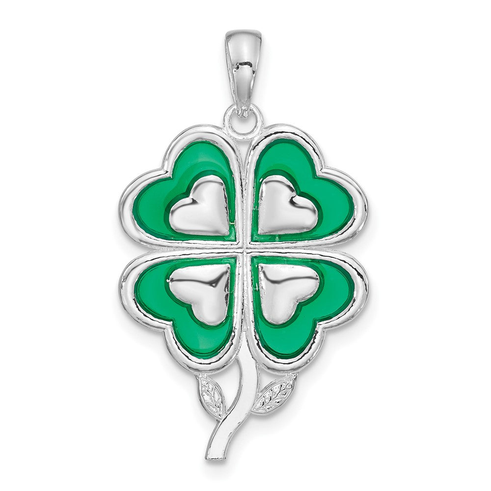 De-Ani Sterling Silver Rhodium-Plated Polished Enameled 4-Leaf Clover Pendant QC9786