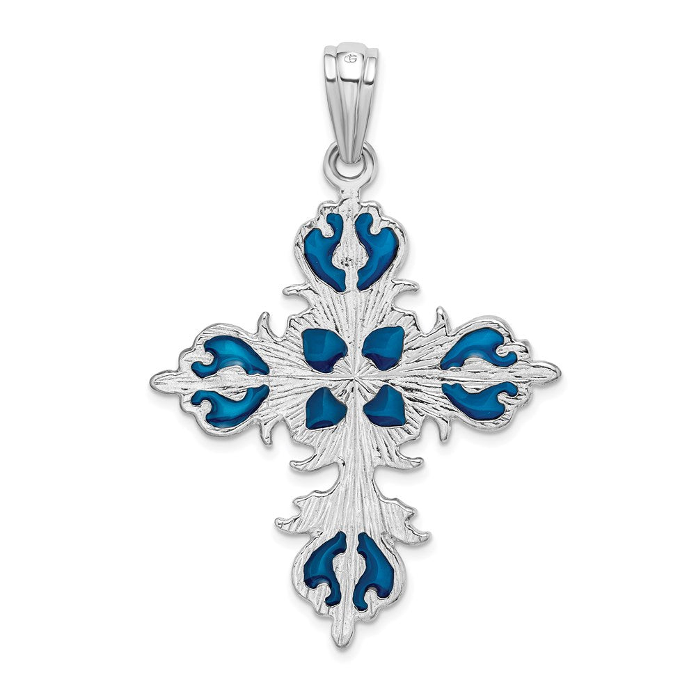 De-Ani Sterling Silver Rhodium-Plated Polished Enameled Fleur de Lis Cross Pendant QC9787