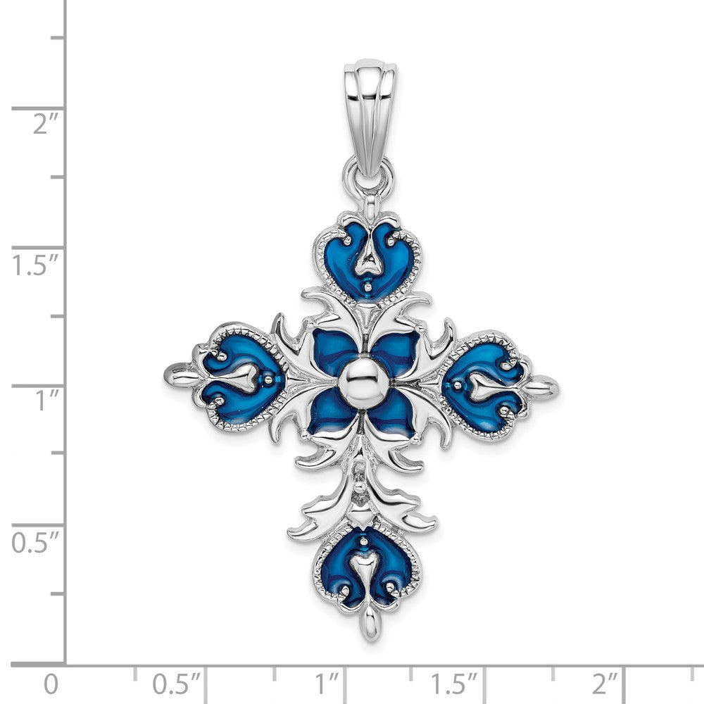 De-Ani Sterling Silver Rhodium-Plated Polished Enameled Fleur de Lis Cross Pendant QC9787