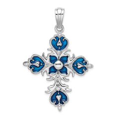 De-Ani Sterling Silver Rhodium-Plated Polished Enameled Fleur de Lis Cross Pendant QC9787