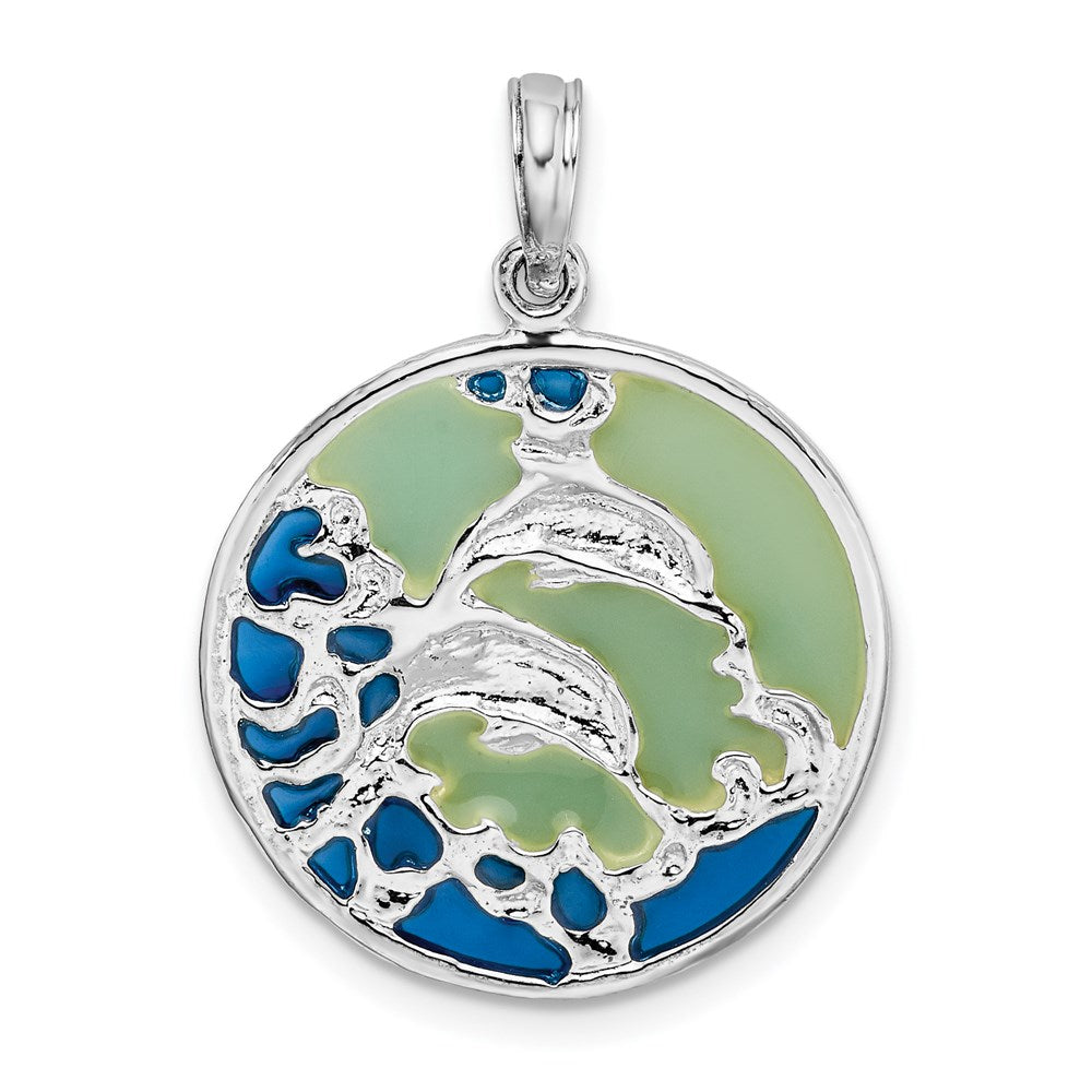 De-Ani Sterling Silver Rhodium-Plated Polished Enameled Dolphins Pendant QC9788