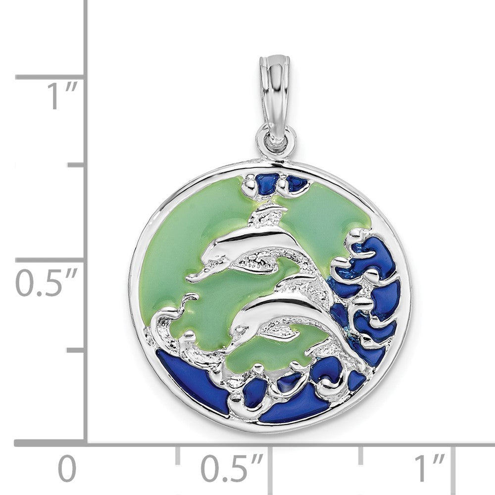 De-Ani Sterling Silver Rhodium-Plated Polished Enameled Dolphins Pendant QC9788