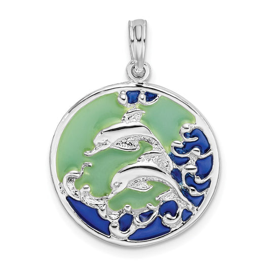 De-Ani Sterling Silver Rhodium-Plated Polished Enameled Dolphins Pendant QC9788