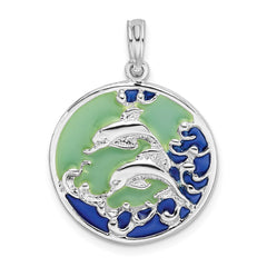 De-Ani Sterling Silver Rhodium-Plated Polished Enameled Dolphins Pendant QC9788