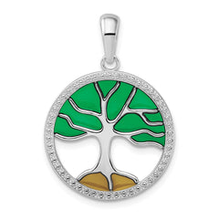 De-Ani Sterling Silver Rhodium-Plated Polished Enameled Tree of Life Pendant QC9789