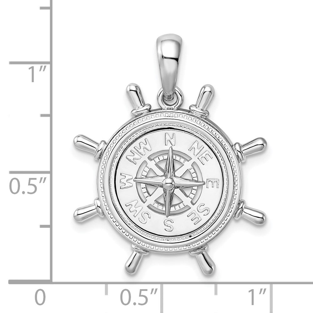 De-Ani Sterling Silver Rhodium-Plated Polished Ships Wheel with Compass Pendant QC9810