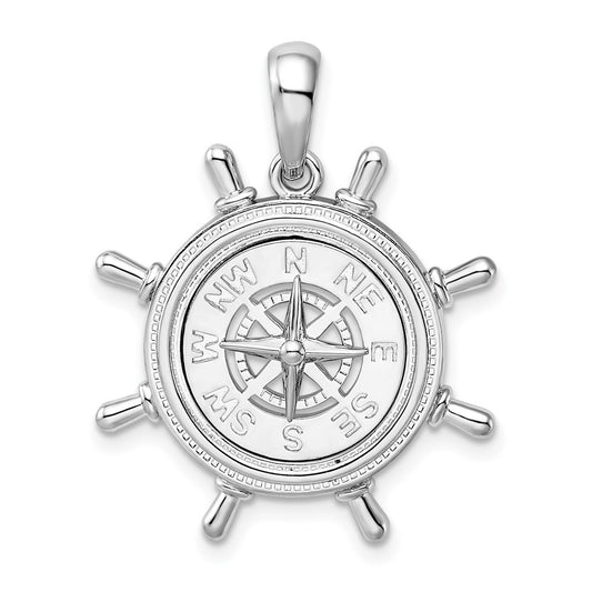 De-Ani Sterling Silver Rhodium-Plated Polished Ships Wheel with Compass Pendant QC9810