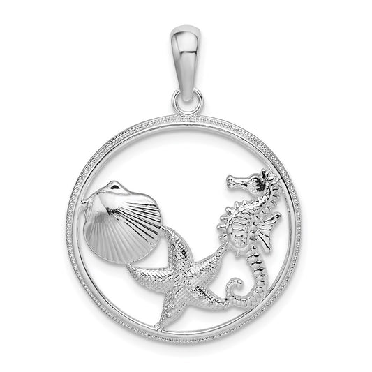 De-Ani Sterling Silver Rhodium-plated Polished Sea Life Round Pendant QC9821